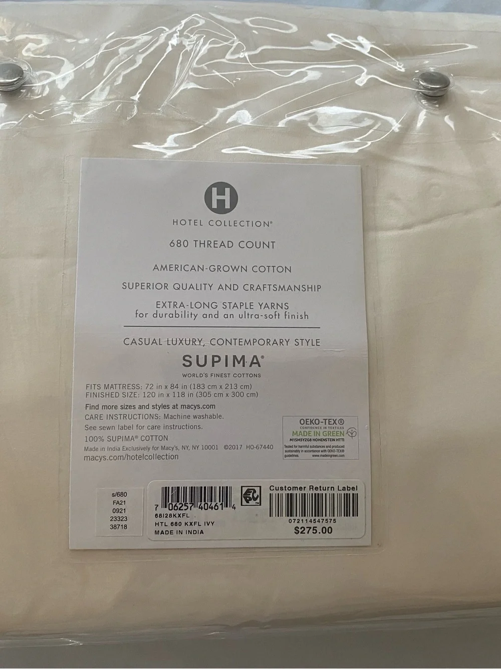 Hotel Collection 680 Thread Count Cotton KING EXTRA DEEP Flat Sheet Ivory New /D